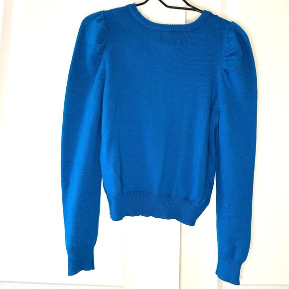 Pink Rose Puff Sleeve & Ribbed Hem Crew Neck Sweater Blue Size S - Picture 3 of 6
